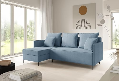 LIKMA Hellblau Ecksofa ZAVO L-Form 214x142 cm mit Schlaffunktion (202x140 cm) Eckcouch mit 2 Bettkasten und Füßen Wohnlandschaft Bettsofa mit Stauraum Polstermöbel Sofa