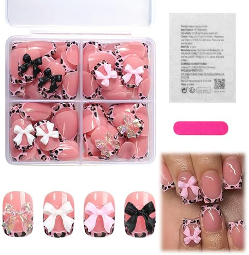 96 Pcs Kids Stick On Nails, Colorful Leopard French Bow Fake Nails for Kids, Includes 4 Jelly Glues & Nail File, Ideal Nails for Kid/Teens/Women, Plastic Childrens False Nails for Nail Decoratio (A)
