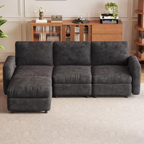 Guyii Modulares Sofa in Dunkelgrau, Eckcouch mit Schlaffunktion – Bequeme Sofas & Couches für Wohnzimmer, Vielseitige Schlafcouch mit weichem Stoff ((4 Sitzplätze (3 Sitze und 1 Ottomanen)))
