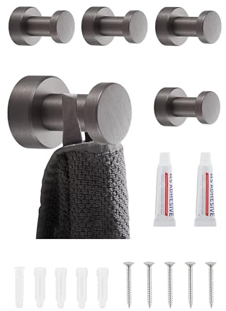 BGL Wandhaken Grau - Set mit 5 Stück | Rostfreie Metall- Handtuchhaken für Bad & Küche | Selbstklebend oder zur Wandmontage