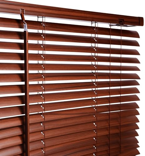 AQS - PVC Venetian Window Blinds - Easy Fit Curtains Trimmable Fittings - Windows Treatment Shutters Twist Open Close - Moisture Resistant Slats Wall & Recess Mount (Walnut, 60W x 213H cm)