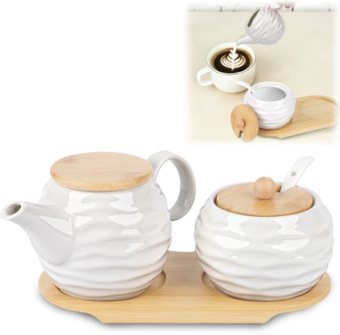 Milch und Zucker Set, Zuckerdose und Milchkännchen Set mit Deckel und Löffel Milch Zucker Set Keramik Milchkännchen Zuckerdose mit Holz Tablett, Ideal für Haus Küche, Restaurant, Kaffee (Weiß-2)