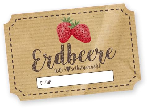 itenga 50x Marmeladenetiketten – rechteckig 6x4cm - Sticker „100% selbstgemacht“ – selbstklebend & vorgestanzt – beschreibbar – für Einmachgläser, Marmelade, Geschenke, DIY (Erdbeere)