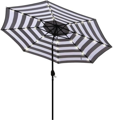 Blissun - Parasol solaire de 2,7 m - Avec 32 LED et manivelle - Pour jardin, terrasse, jardin, piscine et plage - Noir et blanc