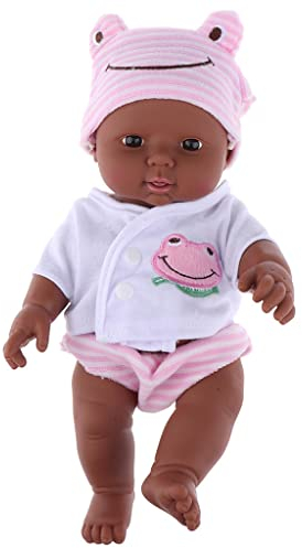 Perfeclan 30 cm Afrikanische Babypuppe mit Schlafaugen & Kleidung,Realistische Weichkörperpuppe, Abwaschbar, Lernspielzeug für Kinder ab 3 Jahren, Rosa