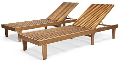 GDFStudio Outdoor Wooden Chaise Lounge, Set of 2 with Teak Finish
