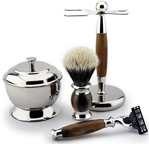 Artificial Horn Shaving Gift Set with Silver Tip Badger Hair Brush & Triple Edge Cartridge Compatible Razor + Dual Stand & Steel Bowl