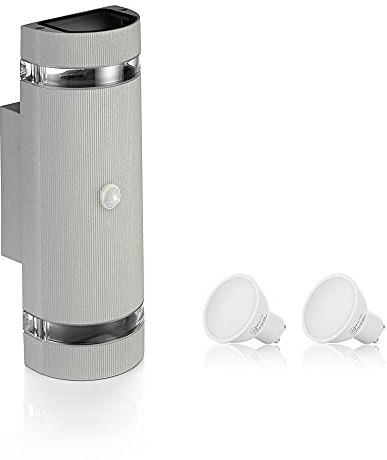 Auraglow PIR Double Up and Down Wall Light Silver, Cool White, Security | Motion sensor lamp with 8m range, 1100 lumen, manual override, adjustable timer, IP44, for porch and driveway