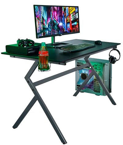 Neo Ergonomic Gaming Gamer Racing Computer Office Desk Table with Headphone Hook Cup Holder & Cable Management (Grey)