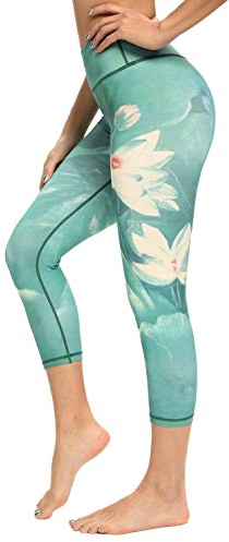 HAPYWER Yoga Leggings Damen High Waist Yogahose Bunt Gym Sport Leggings Tummy Control Running Workout - Stretch Kompressionshose mit Aufdruck für Frauen(7/8 Lotos Grün,S)