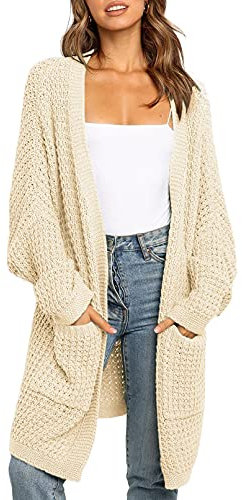 Uusollecy Cardigan Donna Lungo in Maglia Grossa Stile Casual a Nido d'Ape con Tasche Cardigan Donna Invernale Autunno,Beige,XL