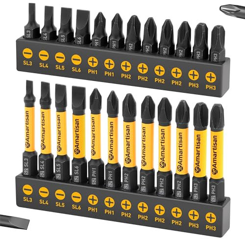 Amartisan Slotted & Phillips Screwdriver Bit Set, 24-Piece 1/4 Inch Hex Shank S2 Steel Magnetic Drill Bits, 1 and 2.3.