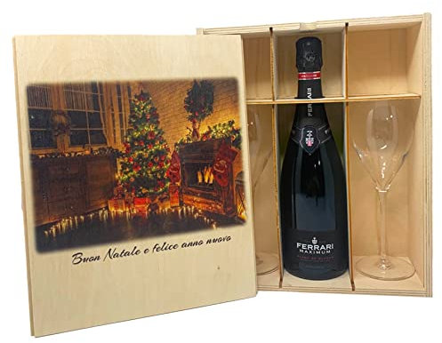 Elegante Cofanetto in legno, Personalizzabile sia con foto che con testo, contenente 1 bottiglia di Champagne o Spumante + 2 Flûte, Ottima ed Esclusiva idea regalo (Ferrari Maximum Blanc de Blancs)