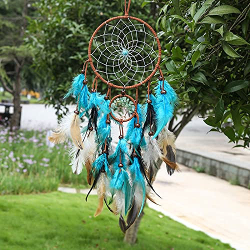 Zueyen Traumfänger, handgefertigt, exquisite Federn und Perlen, zum Aufhängen an der Wand, Heimdekoration, traditionelle Kunst, Ornament, Handwerk, für Kinder/Autos/Schlafzimmer/Geschenk (Blaugrün)