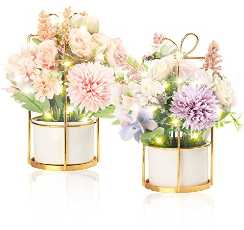 BEGONDIS Set of 2 LED Artificial Flowers Potted Fake Pink and Purple Flowers Hanging Potted Plants For Home Living Room Office Party Decor Decoration (Mix)