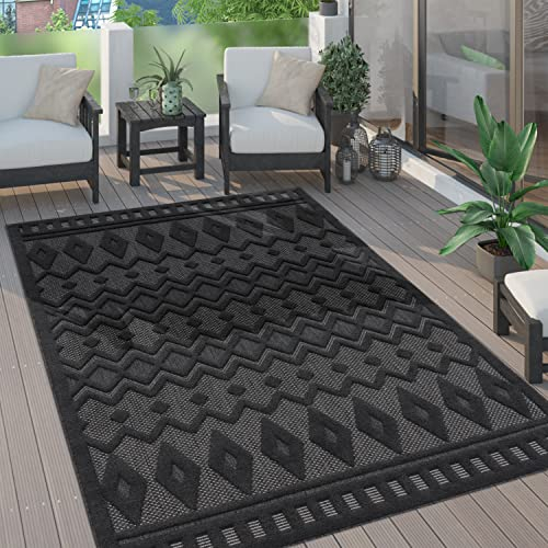 Paco Home Outdoor Teppich wetterfest & langlebig Moderne Boho-Designs mit 3D-Effekt Skandi-Look UV-beständig & robust für Balkon, Garten, Wohnzimmer & Küche, Grösse:80x150 cm, Farbe:Anthrazit 3
