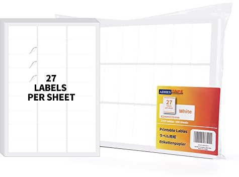 ADHES (100 Blatt, 62mm*31mm) Thermodirekt-Etiketten, Druckbar Thermo Etiketten Weiß, Selbstklebend Barcode-Etikettierung, Kompatibel mit Desktop Thermo-Etikettendrucker, 27 Stück pro Blatt