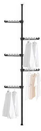 Hershii 5 Tiers Expandable Clothes Drying Rack Coat Tree Clothes Garment Hanger Standing Laundry Tension Rod Floor to Ceiling Corner Storage Organizer for Indoor, Balcony - Black