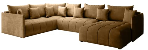 GRAINGOLD Ecksofa Ardi Bis 349 x 239cm - Bequemes, Elegantes, großes Schlafsofa mit Bettkasten, Schlaffunktion - Wohnzimmer Sofa im modernen Stil - Steppungen und Nähte, bequemer Schlaf