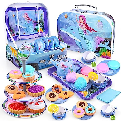 Auney 36 PCS Tea Set for Toddlers, Mermaid Toys Party Children Girls, Kids Real Littles Time with 13 Dessert Toy, Filter Bags and Lemon Slices, Pretend Play Gift Kid Age 3+ (WS0080)