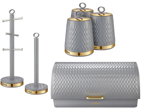 Tower Empire Kitchen Storage Set. Bread Bin, Set of 3 Tea, Coffee, Sugar Canisters, Mug Tree & Towel Pole in Grey with Brass Accents. Contemporary Art Deco Design Set of 6 Kitchen Items