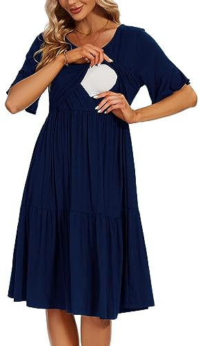 Smallshow Women's Maternity Nursing Dress Ruffle Short Sleeve Breastfeeding Clothes, Navy, M