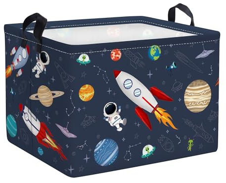 Clastyle Rakete Astronaut Jungen Würfel Aufbewahrungskorb für Babyzimmer Kosmischer Planet Blau Wasserdicht Rechteckig Stoff Regalkörbe Kleidung Spielzeug Kinder Aufbewahrungsbox, 40x30x30 cm