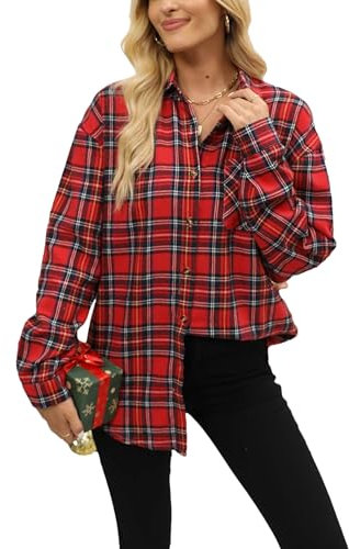 Megfie Camisa de franela de gran tamaño para mujer, a cuadros, suave, con botones, enrollable, manga larga, franela a cuadros, blusas para mujer, Navidad, S
