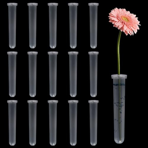 Neikafan 15 Stück Blumenröhrchen Reagenzgläser für Blumen 11x2.4cm Blumenröhrchen Kunststoff mit Silikon Kappe Orchideenröhrchen für Blumen Pflanzen Blumenarrangements,Dekoration,Floristikbedarf