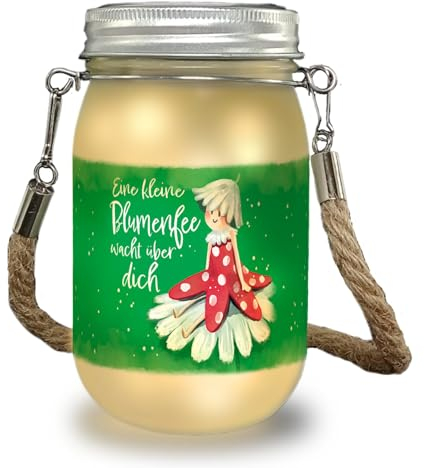 Blumenfee Solarlicht mit Spruch Eine kleine Fee wacht über dich ein liebevolles Dekolicht für die Terrasse Blumenfee Garten Dekoration Solar Einmachglas Märchenhafte Solarlampe