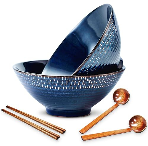 mehrido Ceramic Ramen Bowl Set, 2 Sets 1000ml Large Japanese Noodle Soup Bowls with Spoons and Chopsticks for Soup Udon Soba Pho Asian Noodles Pasta Salad