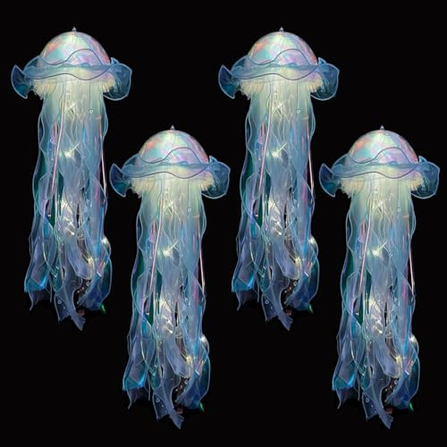 MODOAO Glitzer Schillernde Quallen Licht, 4 Pack Blau Leuchtende Quallen Lampe, Tragbare Hängende Quallen Atmosphäre Dekorative Lampe, Quallen Laterne für Haus, Garten, Schlafzimmer, Aquarium, xyd233