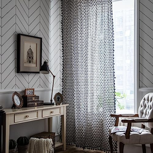 AMDXD Tenda oscurante per finestra con nastro arricciato, geometrica triangolare con nappa, in cotone, 150 x 240 cm (larghezza x altezza)