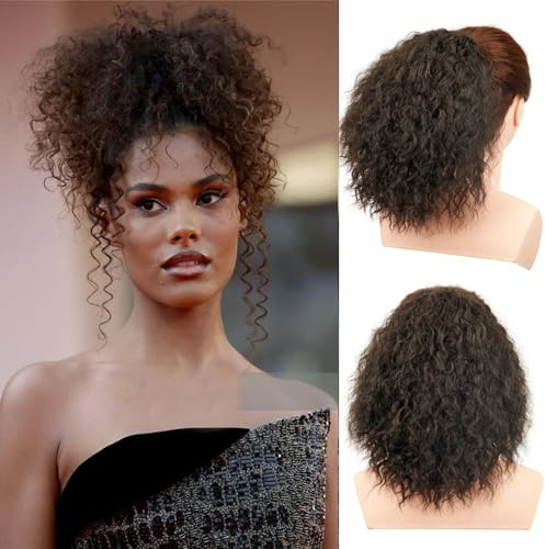 PORSMEER Wellige Lockige Pferdeschwanz Haarteil, Dunkelbraun Kordelzug für Frauen Afro Zopf, Kurzes Weiches Natürliches Synthetisches Ponytail Extension