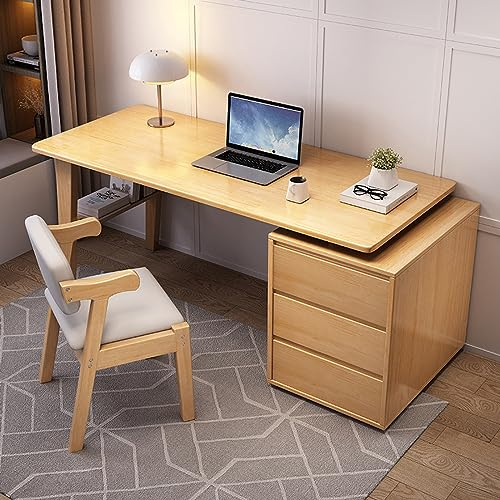Schreibtisch für zu Hause mit Schubladen, Massivholz-Schreibtisch, Arbeitstisch, moderner Computertisch mit Stauraum, Natur