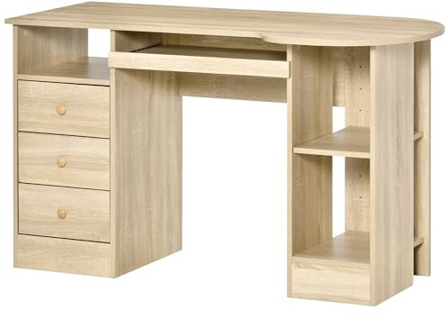 HOMCOM Scrivania PC per Ufficio con Scaffali, Scrivania per Computer con Ripiano Testiera e 3 Cassetti in Legno, 125x60x74cm, Color Legno