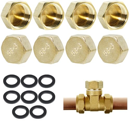 8PCS Brass Blanking Cap 1/2 inch, Female Hex Blanking Nut Cap, Female Blanking Stop Cap, Radiator Bleed Valve, Blanking Plug for Washing Machine Radiator Valve Faucets Tap