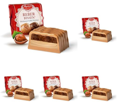 Reber Bissen Trüffel Schokolade Pastete, Weinbrand-Trüffel auf Sahne-Nougat, Umhüllt mit zarter Alpenmilch-Schokolade, 40g (1 Stück) (Packung mit 5)