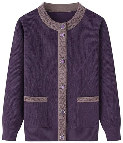 KIJSKKOPO Cardigan da Donna, Maglioni Cardigan Lavorati A Maglia per Persone di Mezza età E Anziane, Cappotto in Maglia A Righe con Bottoni A Girocollo A Maniche Lunghe Viola con Tasca, Giacca Cald