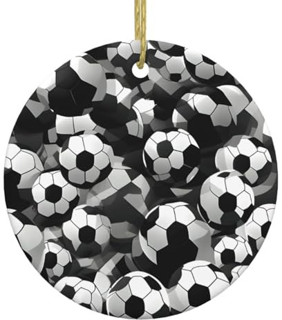 Schwarz-weißes Fußball-Muster, Weihnachtsdekoration, Weihnachtsdekoration, Geschenkideen, 7,4 cm, Keramik-Hängeornament, Baumschmuck zum Aufhängen