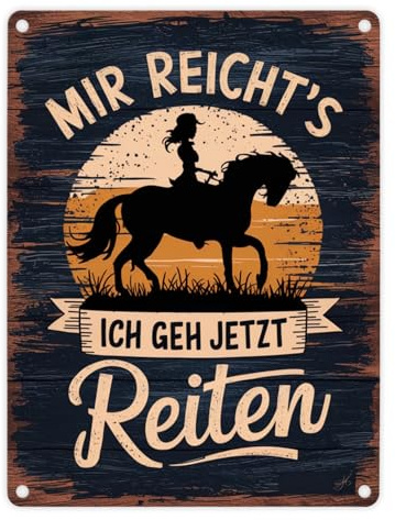 Frau auf Pferd - Mir reichts ich geh reiten Metallschild in 15x20 cm rustikaler Hintergrund Silhouette kreisförmiges Design Vintage