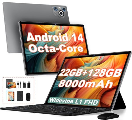 2025 Newest Tablet 10 pollici Android 14, 22GB RAM 128GB ROM/TF 1TB, Octa-Core, 8000mAh, Corpo in Metallo, Face ID, Doppio WiFi, 8MP+5MP, Widevine L1, Protezione Occhi, Tastiera, Mouse, Gray