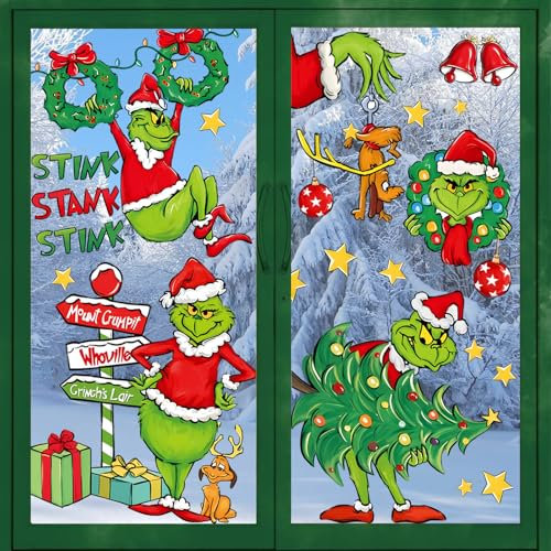 Fensterbilder Weihnachten, Weihnachten deko, 8/9 Blatt Wiederverwendbar Doppelseitiger Weihnachtsdeko Fenster, für Weihnachten Party Zuhause Fensterdeko (Grün 1)