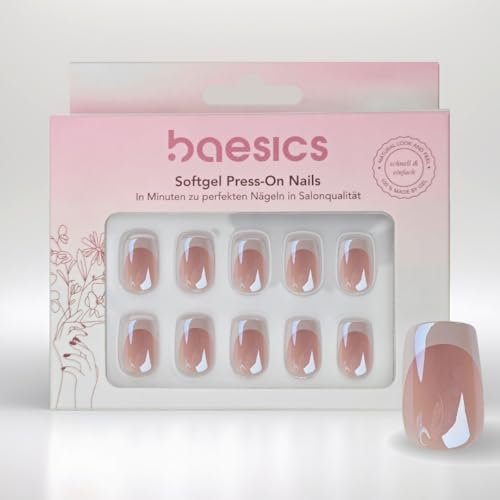Baesics Softgel Press On Nails Square French Glazed Flexibel Wiederverwendbar Natürliche Optik 30 Stück Klebepads Perfekte Nägel zum Aufkleben ohne UV-Licht Salonqualität Komfort Zuhause Unterwegs