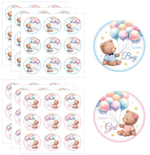 54pcs Gender Reveal Stickers, 5cm Blue Pink Team Boy Team Girl Stickers Auto-Adhésifs Gender Reveal Stickers Pour Jeux de Scrapbooking Baby Shower Party Favors (Style Ours)