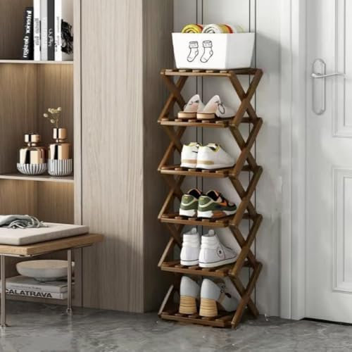 XZXWZX Faltbares Schuhregal aus Bambus für Schuhe, Eingangsregal, Schrank, Schlafzimmer, Flur, natürlich, funktional, multifunktional, braun, 6 Ebenen