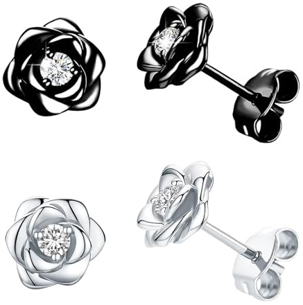 GWAWG 2Pairs 925 sterling silver stud earring,hypoallergenic small rose flower earring,shiny cubic zirconia earring,flower stud earring for Women Girls