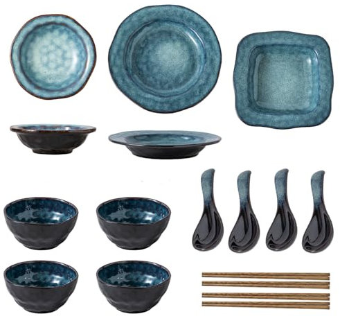 17-Piece Ceramic Dinner Set for 4,Blue Dinnerware Sets,Plates and Bowls Set+Spoon and Chopsticks,Oven & Dishwasher & Microwave Safe,Dinner Sets for 4 People(Blue)