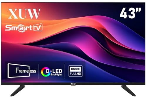XUW 43-inch Full HD Smart TV, D-LED backlight Television, Borderless Design,HDMI USB DVB-T2/S2 RJ45 Interface, large screen for living room, bedroom, home entertainment - black