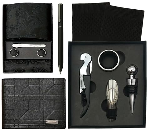 Infinite Emblems Coffret cadeau pour homme avec portefeuille en cuir noir, cravate et carré de poche, chaussettes, stylo à bille et décapsuleur - Boîte d'accessoires pour la fête des pères, les
